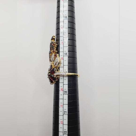 Genuine Garnet White Topaz Black Spinel 14k Yellow Gold 925 Silver Flower Ring - Picture 6 of 7